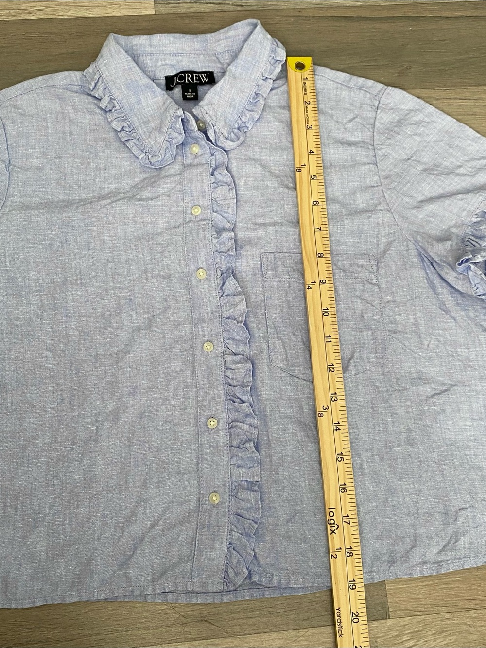 J. Crew 100% Linen Ruffle Trim Button Down Shirt Womens Small Blue Short Sleeve - Picture 7 of 7